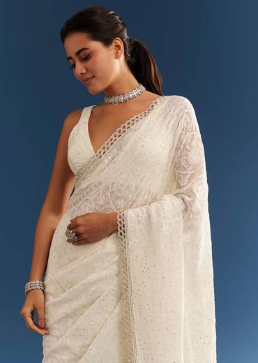 White Georgette Chikankari Embroidered Saree