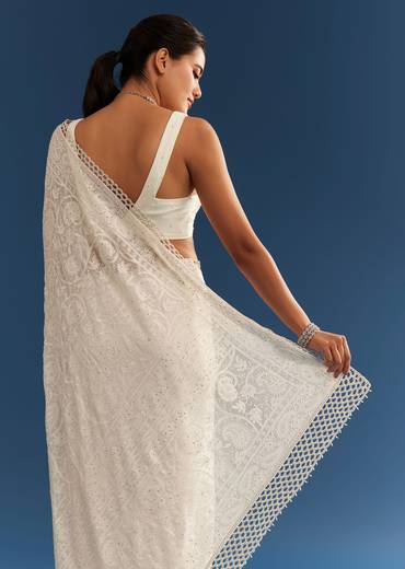 White Georgette Chikankari Embroidered Saree