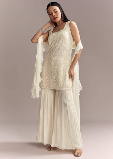 White Georgette Sharara Suit With Intricate Embroidery