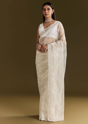 White Glass Tissue Saree With Sequins Embroidery And Scallop Border