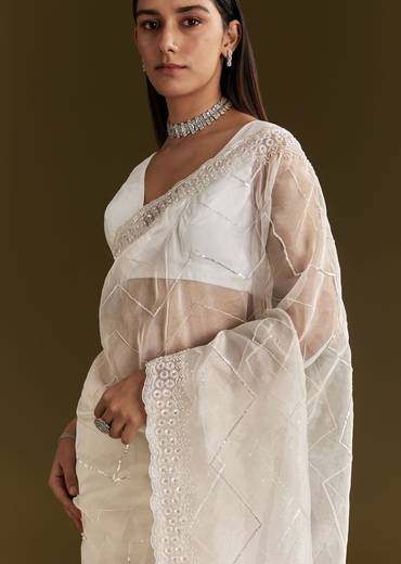 White Glass Tissue Saree With Sequins Embroidery And Scallop Border