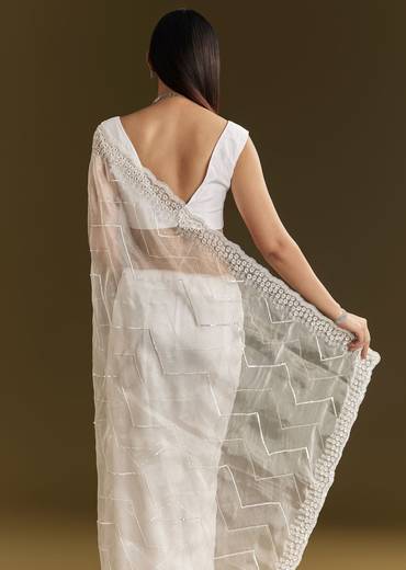 White Glass Tissue Saree With Sequins Embroidery And Scallop Border