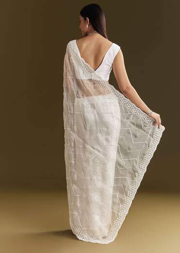 White Glass Tissue Saree With Sequins Embroidery And Scallop Border