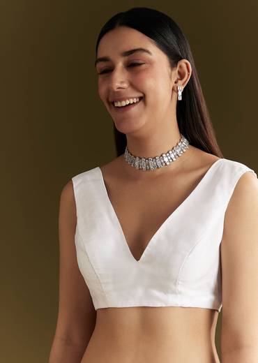 White Glass Tissue Saree With Sequins Embroidery And Scallop Border