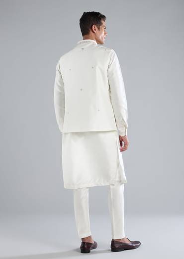 White Kurta Jacket Set With Thread Resham Work
