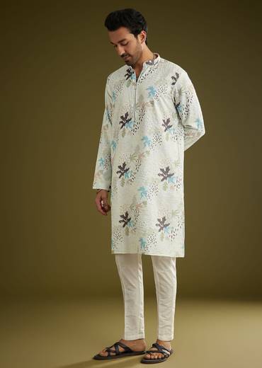 White Linen Zipper Kurta Set With Abstract Leaf Motifs
