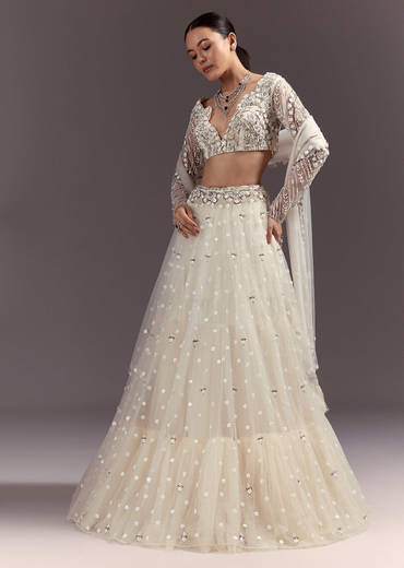 White Net Lehenga Set With Embellished Blouse And Dupatta