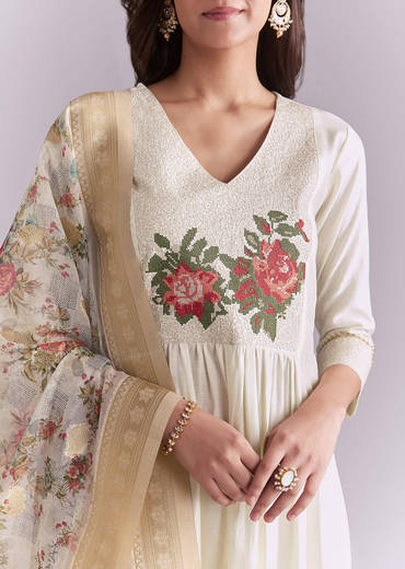 White Silk Anarkali Suit With Rose Motif And Thread Work