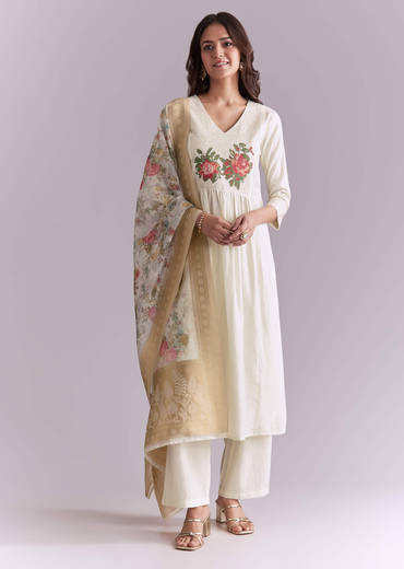 White Silk Anarkali Suit With Rose Motif And Thread Work