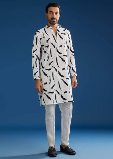 White Silk Kurta Set With Abstract Prints