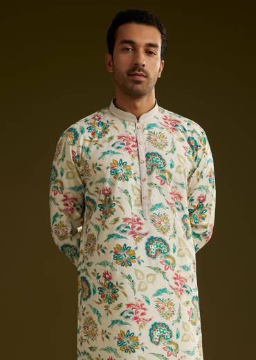 White Silk Kurta Set With Cold Coloured Nature Motifs