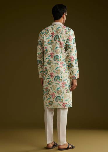 White Silk Kurta Set With Cold Coloured Nature Motifs