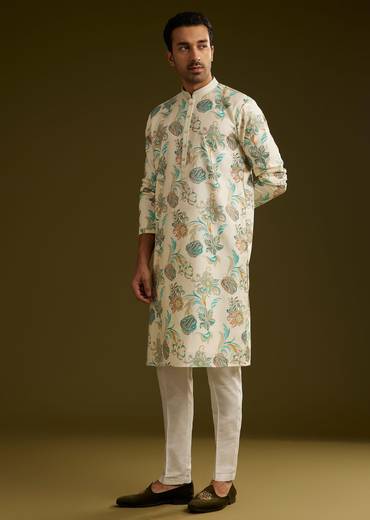 White Silk Kurta Set With Surreal Nature Prints