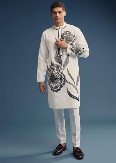 White Suiting Fabric Kurta Set For Men With Floral Print
