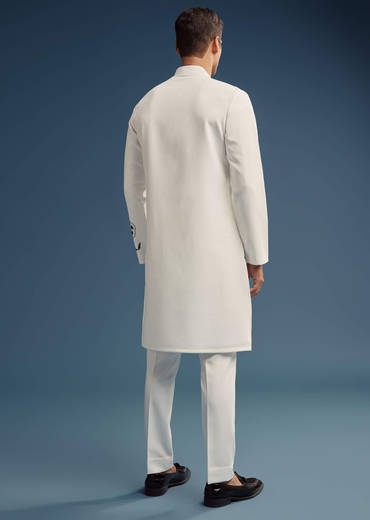 White Suiting Fabric Kurta Set For Men With Floral Print
