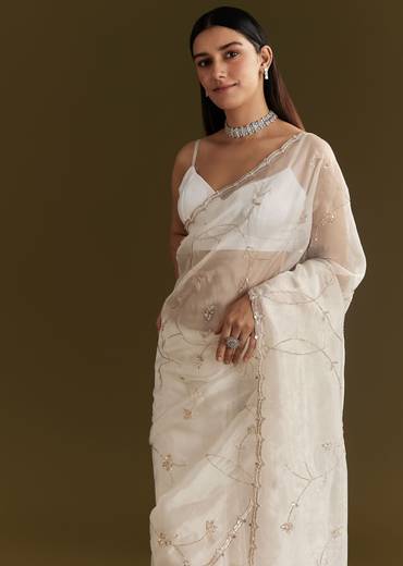 White Tissue Embroidered Saree With Scallop Border