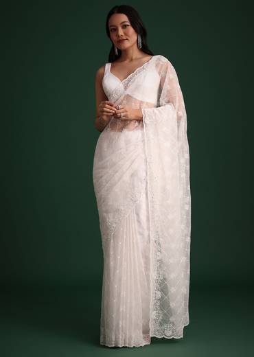 White Organza Saree With Cutdana And Sequin Embroidery