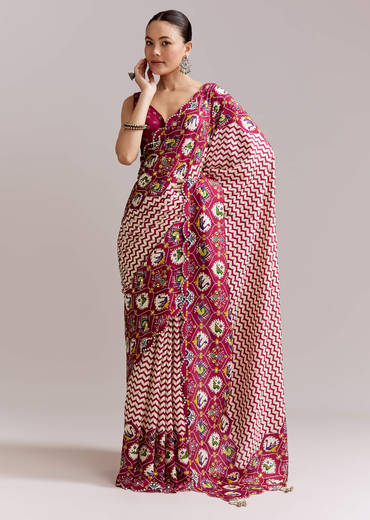 Wine And Off White Satin Saree With Ikat-Style Floral Birds Border