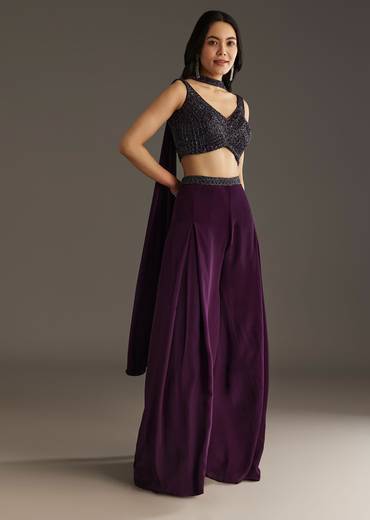 Wine Crepe Crop Top With Embroidered Palazzo And Choker Dupatta