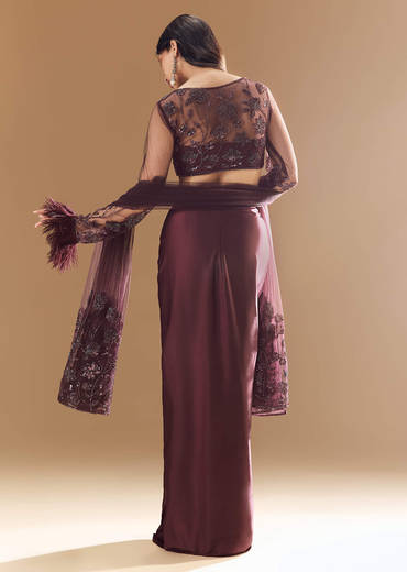 Wine Crop Top Skirt Set with Dupatta