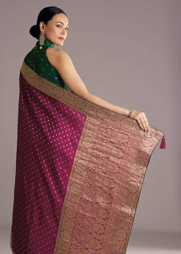 Wine Dola Silk Saree With Butti Work And Floral Border