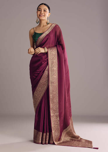Wine Dola Silk Saree With Woven Border And Pallu