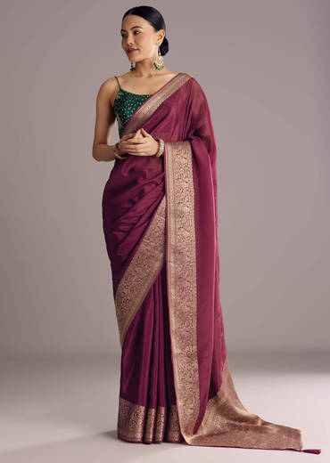 Wine Dola Silk Saree With Woven Border And Pallu