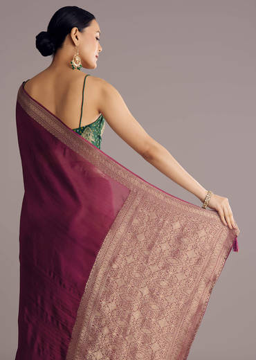 Wine Dola Silk Saree With Woven Border And Pallu