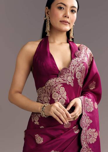 Wine Dola Silk Woven Motif Saree With Scallop Border