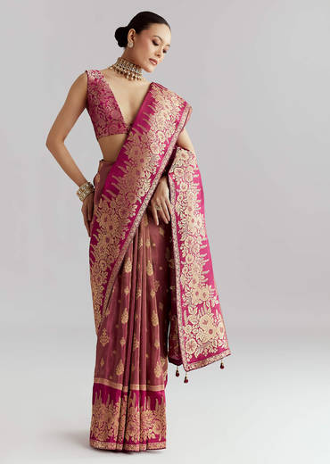 Wine Dola Silk Woven Saree With Zari Butti Work