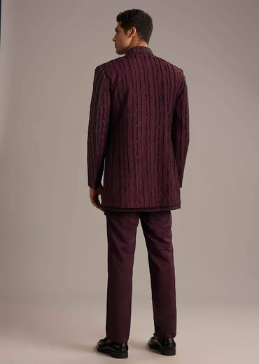 Wine Indo Western Set For Men With Cutdana Embroidery