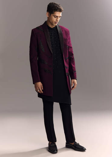 Wine Indo Western Set For Men With Heavy Hand Work