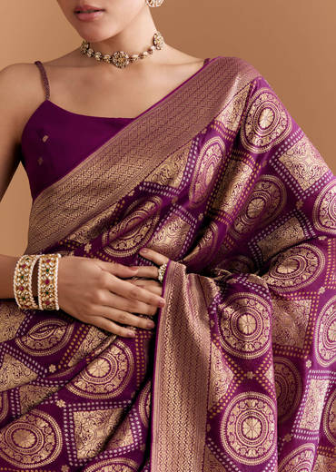 Wine Khadhi Georgette Saree With Geometric Motifs In Zari Work