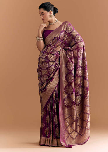 Wine Khadhi Georgette Saree With Geometric Motifs In Zari Work