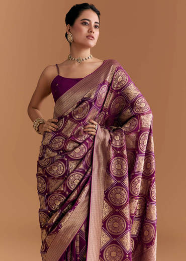 Wine Khadhi Georgette Saree With Geometric Motifs In Zari Work