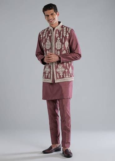 Wine Kurta Jacket Set With Thread Resham And Zari Work