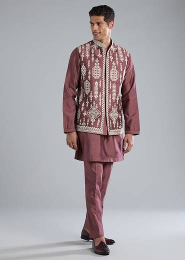 Wine Kurta Jacket Set With Thread Resham And Zari Work