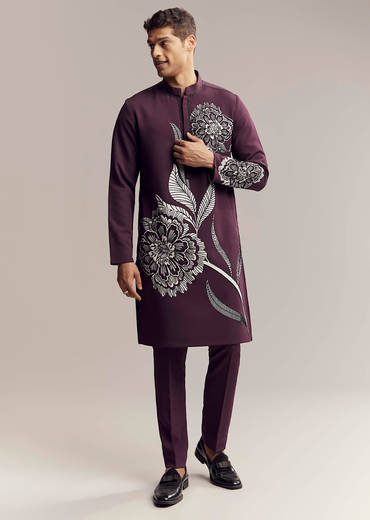 Wine Kurta Set For Men With Floral Print And Beads Work On Suiting Fabric