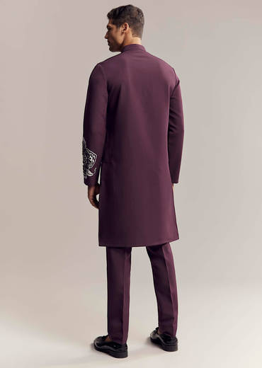 Wine Kurta Set For Men With Floral Print And Beads Work On Suiting Fabric