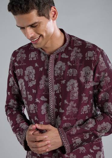 Wine Kurta Set With Thread And Resham Detailing