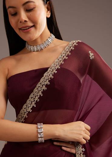 Wine Organza Saree With Cutdana And Sequins Border