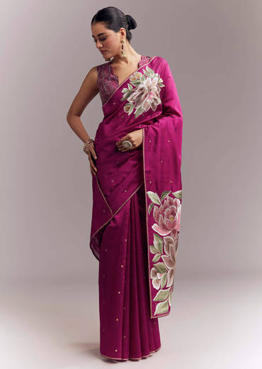 Wine Organza Silk Saree With Floral Thread Embroidery And Cutwork