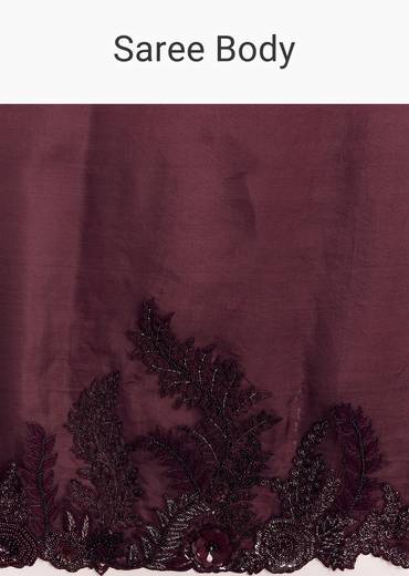 Wine Satin Saree With Heavy Floral Embroidery In Sequins And Cutdana