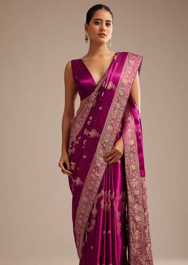 Wine Satin Saree With Zari Woven Work