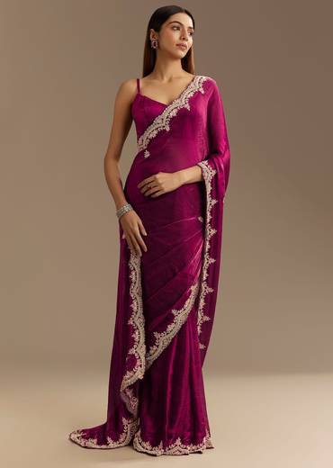 Wine Satin Sequins Saree With Zardosi Cutdana Embroidery And Scallop Border