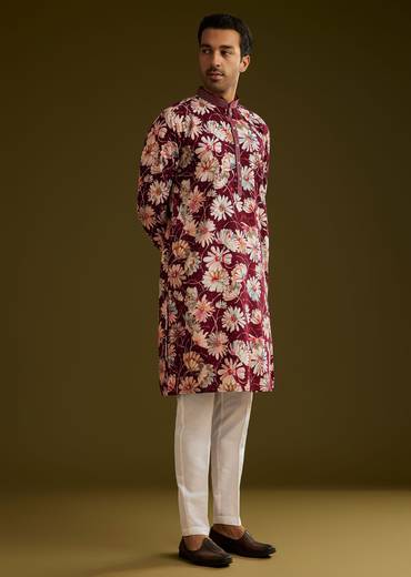 Wine Silk Floral Printed Kurta Set With Stone Work