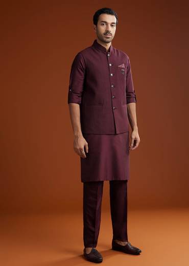 Wine Silk Kurta Jacket Set With Pintucks Detailing
