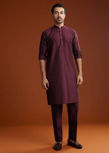 Wine Silk Kurta Jacket Set With Pintucks Detailing