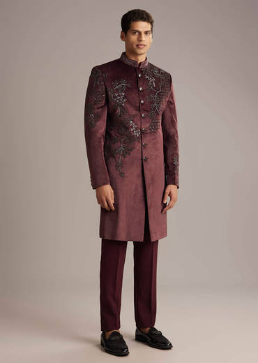 Wine Velvet Indo Western Set For Men With Intricate Hand Embroidery