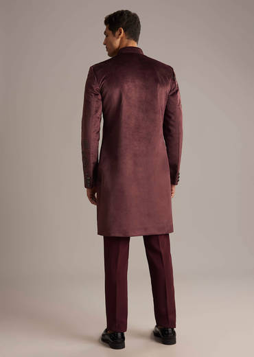 Wine Velvet Indo Western Set For Men With Intricate Hand Embroidery